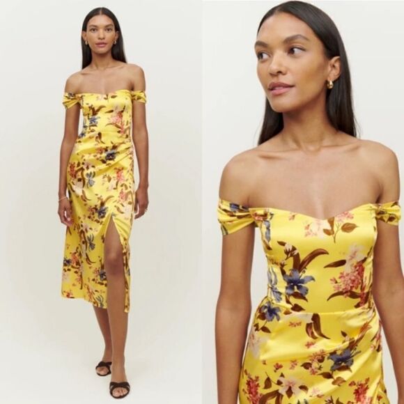 Reformation Genesis Silk Midi Yellow Dress Floral Size 6 - Picture 3 of 9